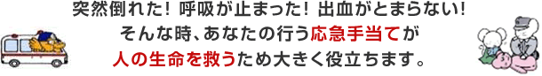 突然倒れた！ 呼吸が止まった！ 出血がとまらない！そんな時、あなたの行う応急手当てが人の生命を救うため大きく役立ちます。